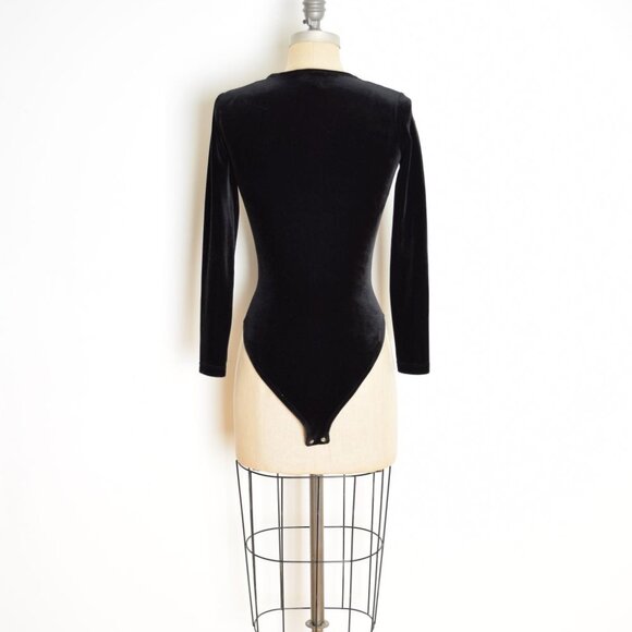 vintage 90s bodysuit black stretch velvet long sleeve grunge one piece top XS S - Picture 6 of 8